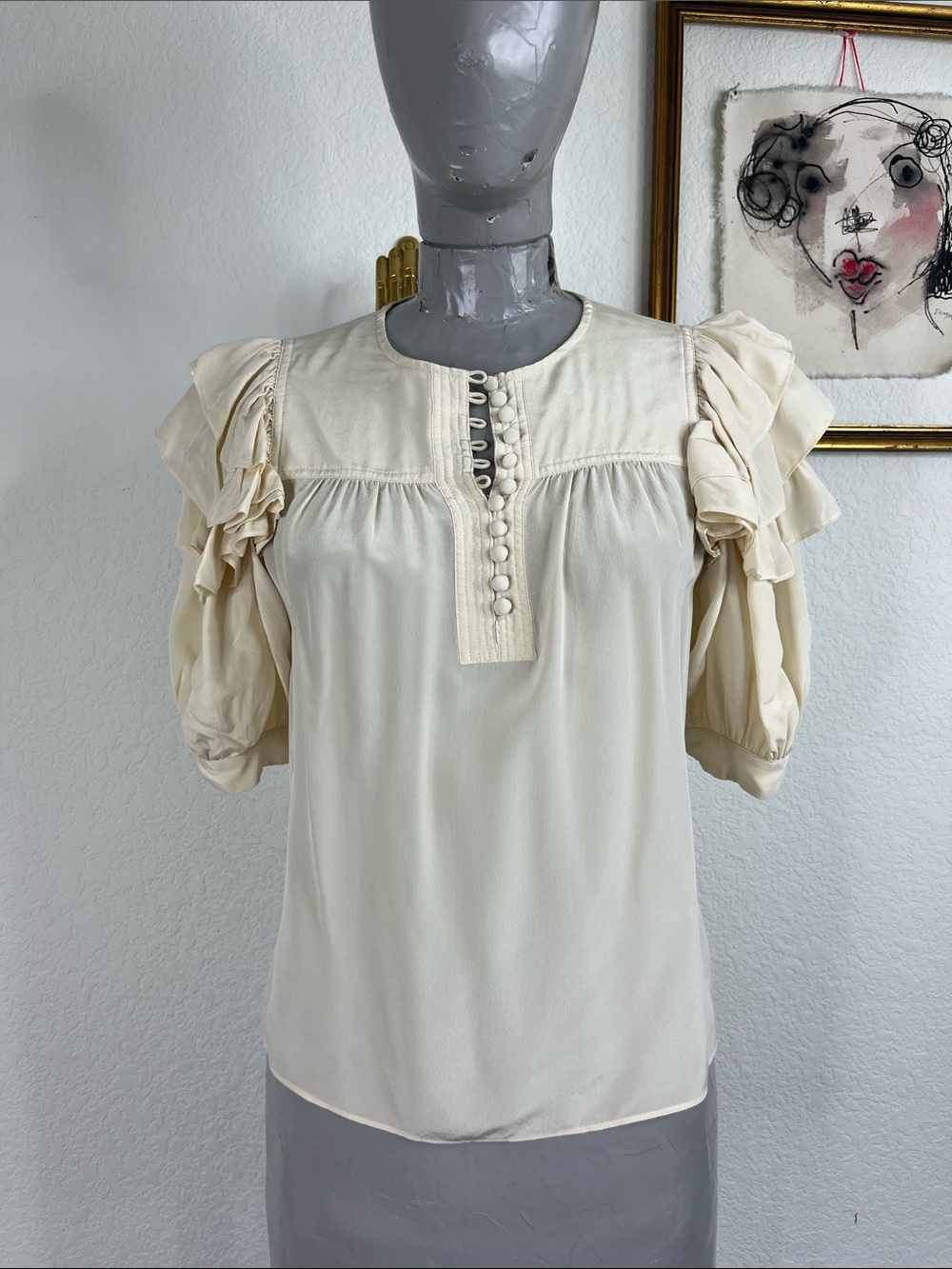 Ulla Johnson Nova Covered Button Yoke Ruffle Sleeve Silk Top Bone